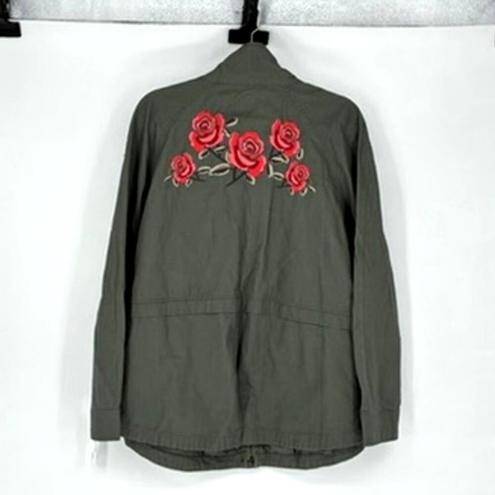 NWT Women's Olive Green Cotton Utility Jacket with Embroidered Roses - Plus 2X - Picture 4 of 10